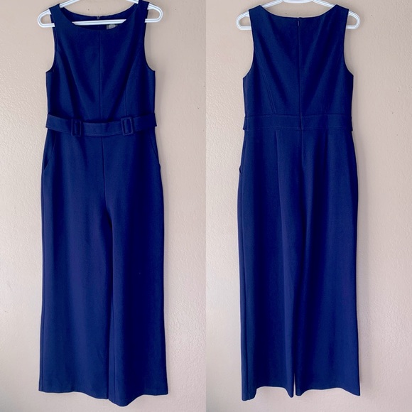 Vince Camuto Double Belt Buckle Wide Leg Crepe Nautical Jumpsuit Size 10P - Picture 2 of 9